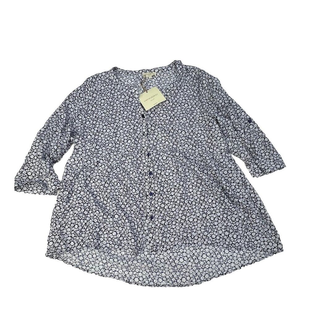 Nwt $89 CYNTHIA ROWLEY Plus 1X HighLo Navy BLOUSE White Floral Peasant 1X